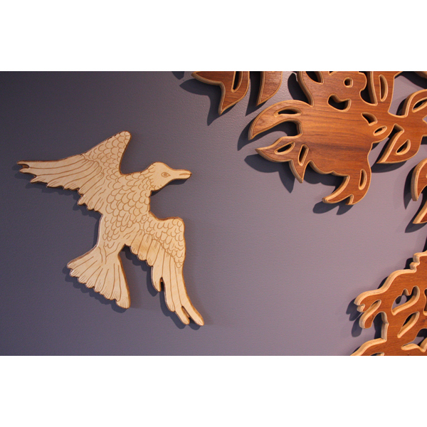 Public Commission Gartnermarken, Bergen Muncipality 2015. CNC-cut plywood in oak, teak, birch- made from drawings. Coloured with wood dye and oiled.