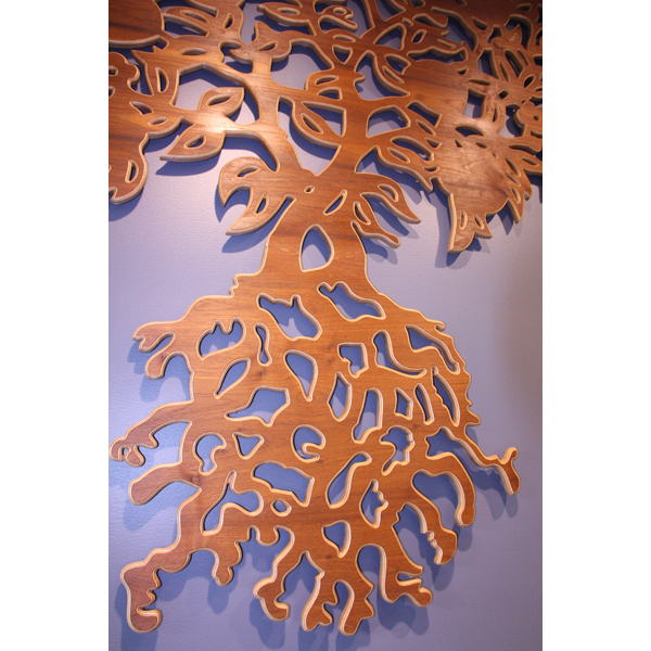 Public Commission Gartnermarken, Bergen Muncipality 2015. CNC-cut plywood in oak, teak, birch- made from drawings. Coloured with wood dye and oiled.