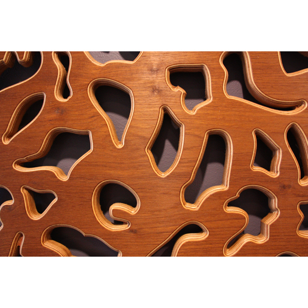 Detail. Public Commission Gartnermarken, Bergen Muncipality 2015. CNC-cut plywood in oak, teak, birch- made from drawings. Coloured with wood dye and oiled.
