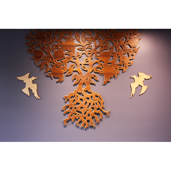 Public Commission Gartnermarken, Bergen Muncipality 2015. CNC-cut plywood in oak, teak, birch- made from drawings. Coloured with wood dye and oiled.