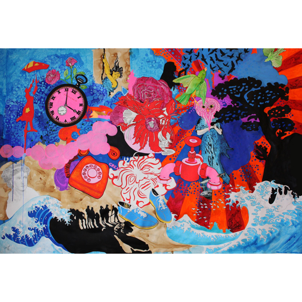 Vibrations in time- acrylic, collage, ink. 200x160 cm -2014-