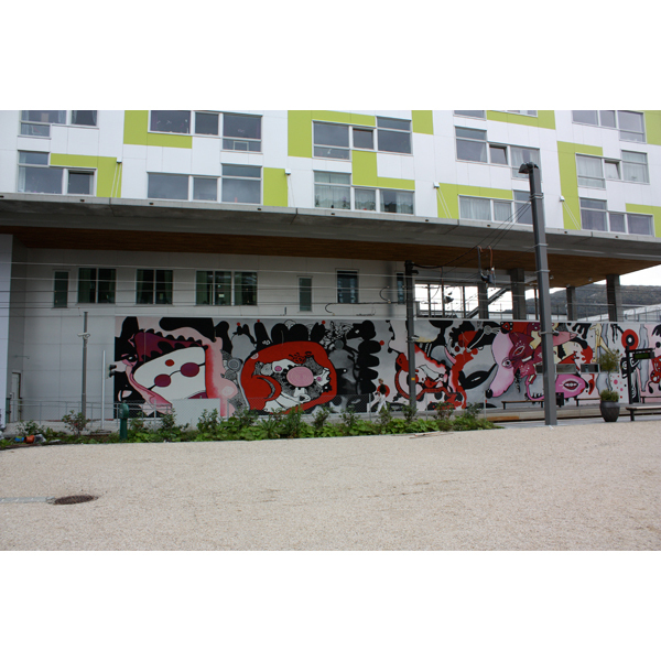 2010 Fantoft station, Bybanen Light Rail. 47 meter wall painting, Bergen, Norway