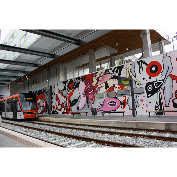 2010 Fantoft station, Bybanen Light Rail. 47 meter wall painting, Bergen, Norway