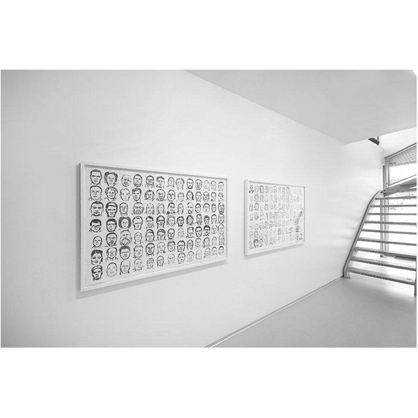 Memento Mori-Diptyk- Pen on paper. 2009.
Drawing of 182 faces.
91 of the people died a natural death-(old age, sickness or accident) The other 91 faces are people who have been executed from death row in the US.